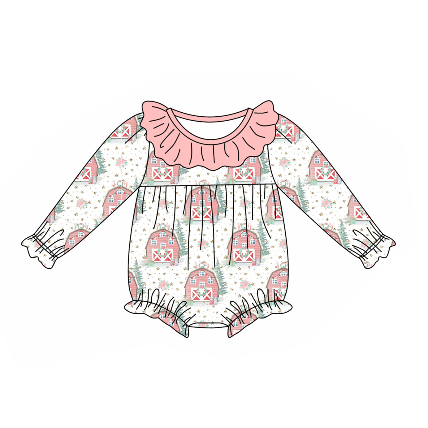 Infant baby girl Christmas house print long sleeve romper preorder
