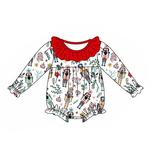 Infant baby girl Christmas soldier holly print long sleeve romper preorder