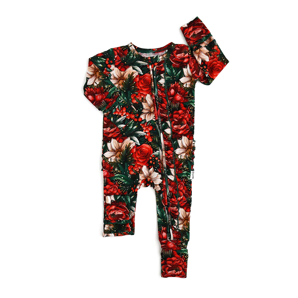 Infant baby girls Christmas holly zip romper preorder