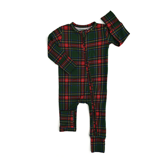 Infant baby girls Christmas red green plaid zip romper preorder