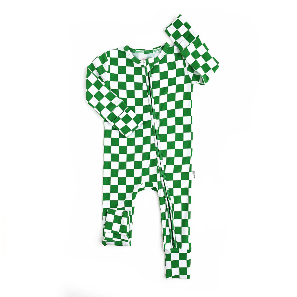 Infant baby Christmas green checekred zip romper preorder