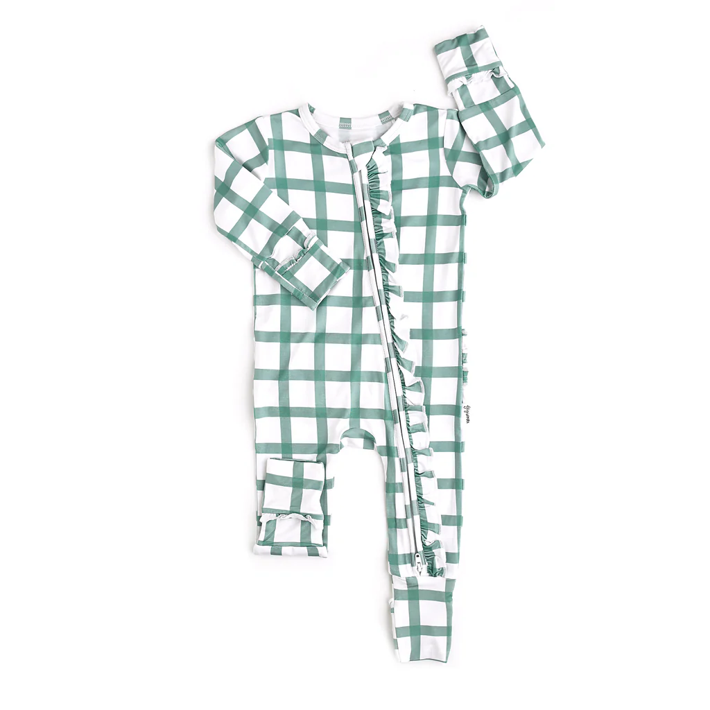 Infant baby Christmas green plaid zip romper preorder