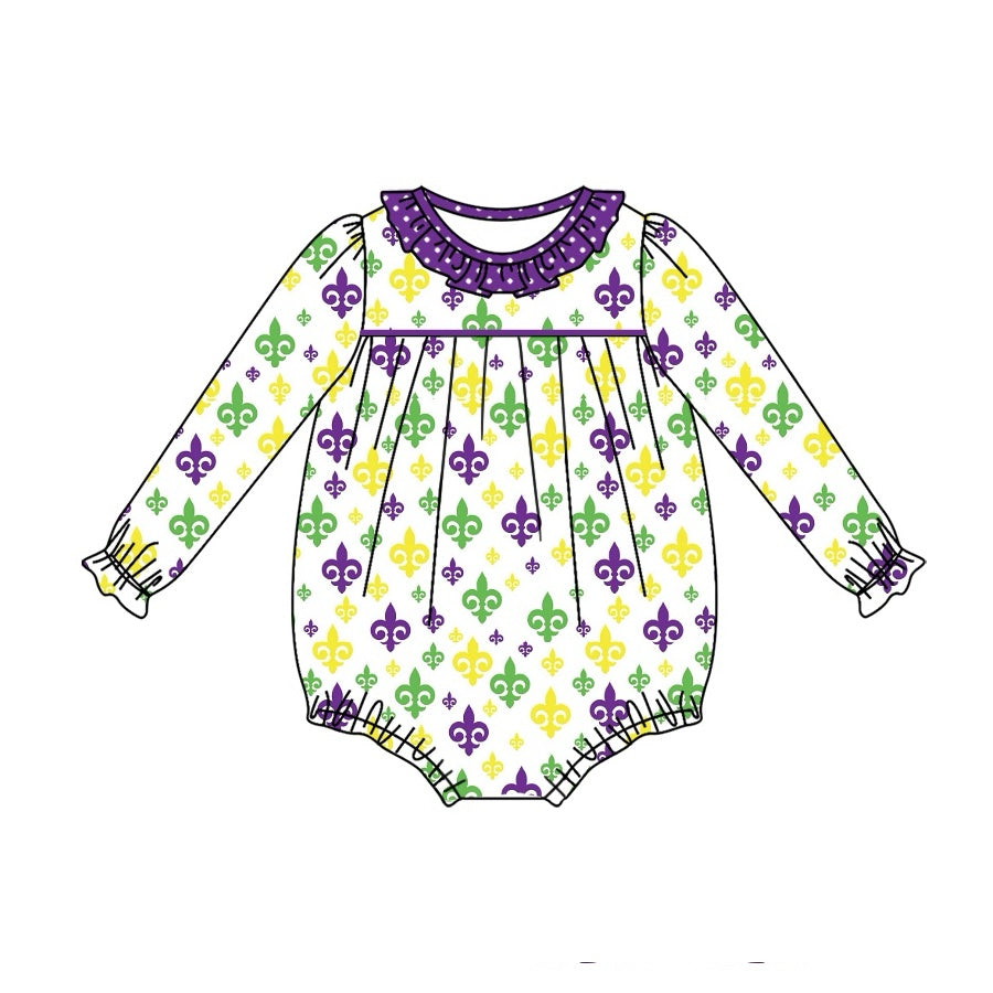 Infant baby girl Mardi Gras holiday romper preorder