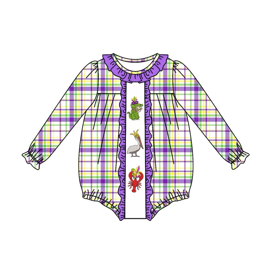 Infant baby girls Mardi Gras crawfish plaid romper preorder