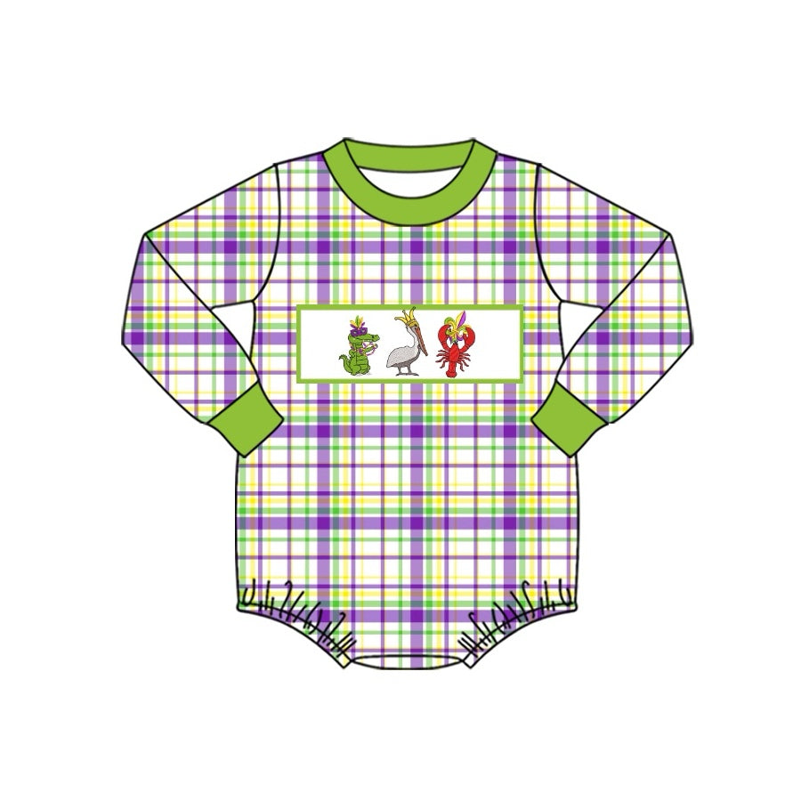 Infant baby boy Mardi Gras crawfish plaid romper preorder