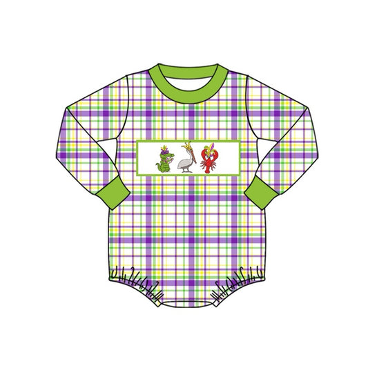 Infant baby boy Mardi Gras crawfish plaid romper preorder