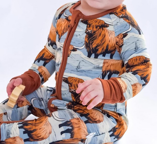 Baby boy western highland cow long sleeve zip romper preorder