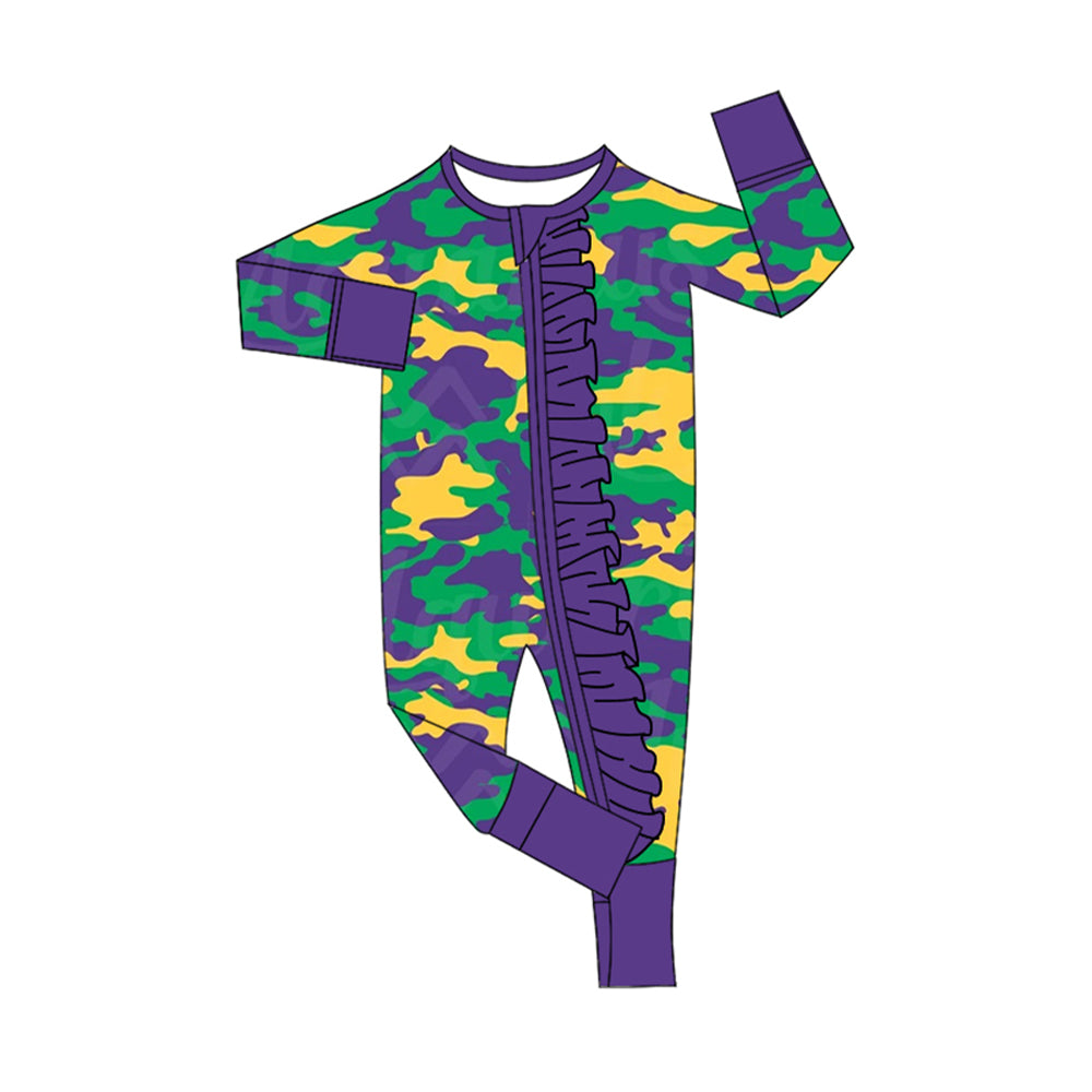 Mardi Gras camo long sleeve zip romper preorder