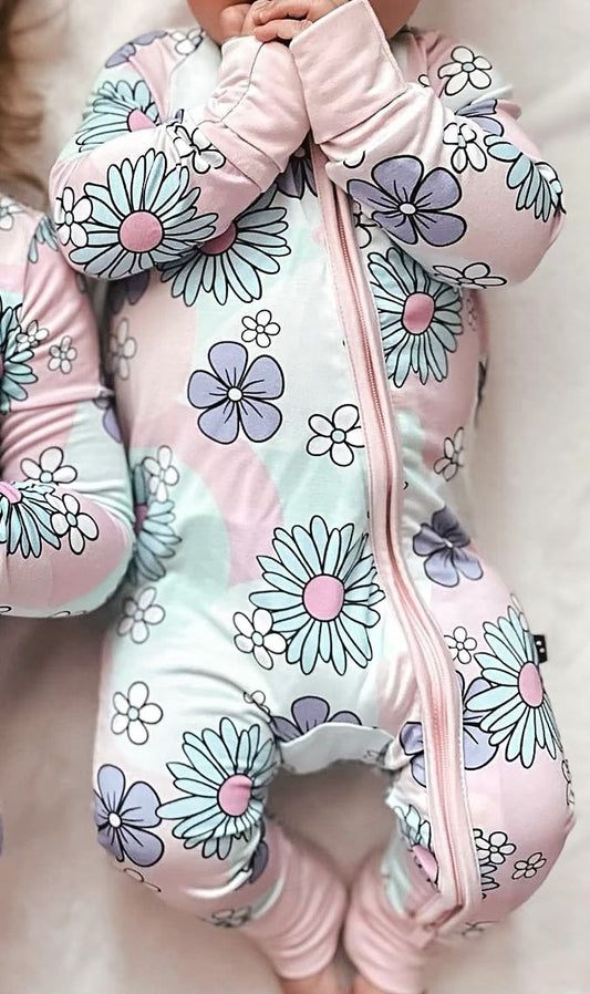 Flower girls pink long sleeve zip romper preorder