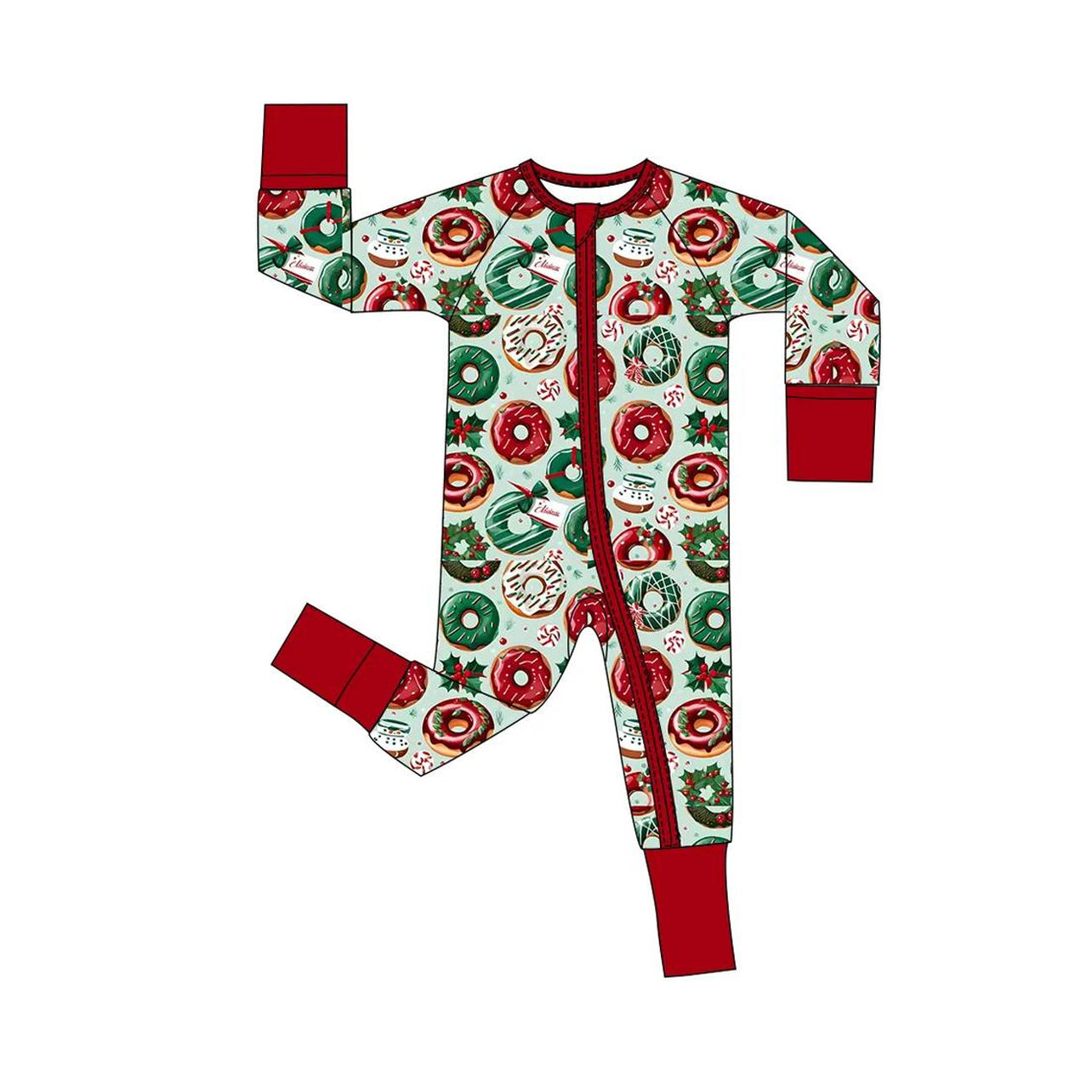 Christmas red green donuts long sleeve zip romper preorder