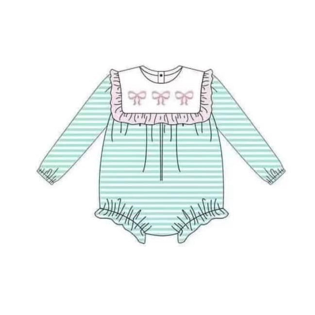Toddle baby girl green stripes pink bow long sleeve romper preorder