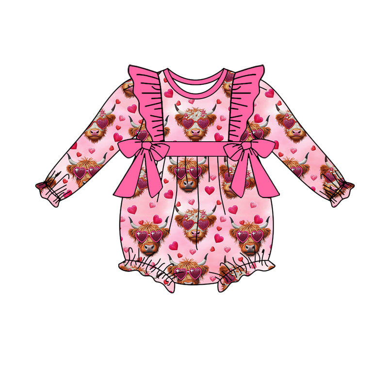 Valentines day highland cow kids long sleeve romper preorder