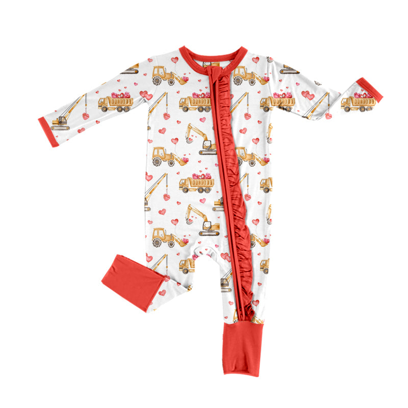 Valentines day construction heart baby girl zip romper preorder