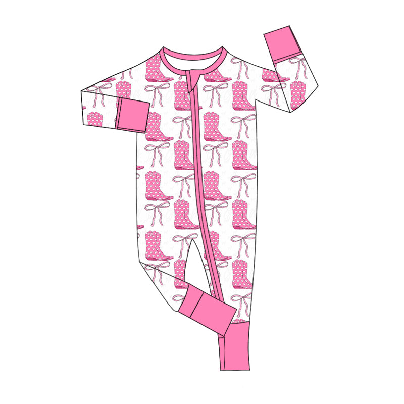Valentines heart boots pink bow baby girls romper preorder