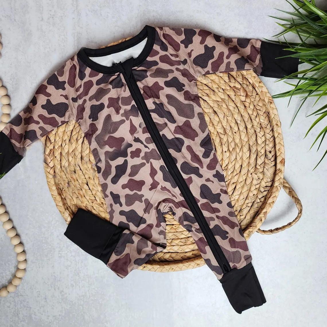 Toddle baby boy brown camouflage zip romper preorder