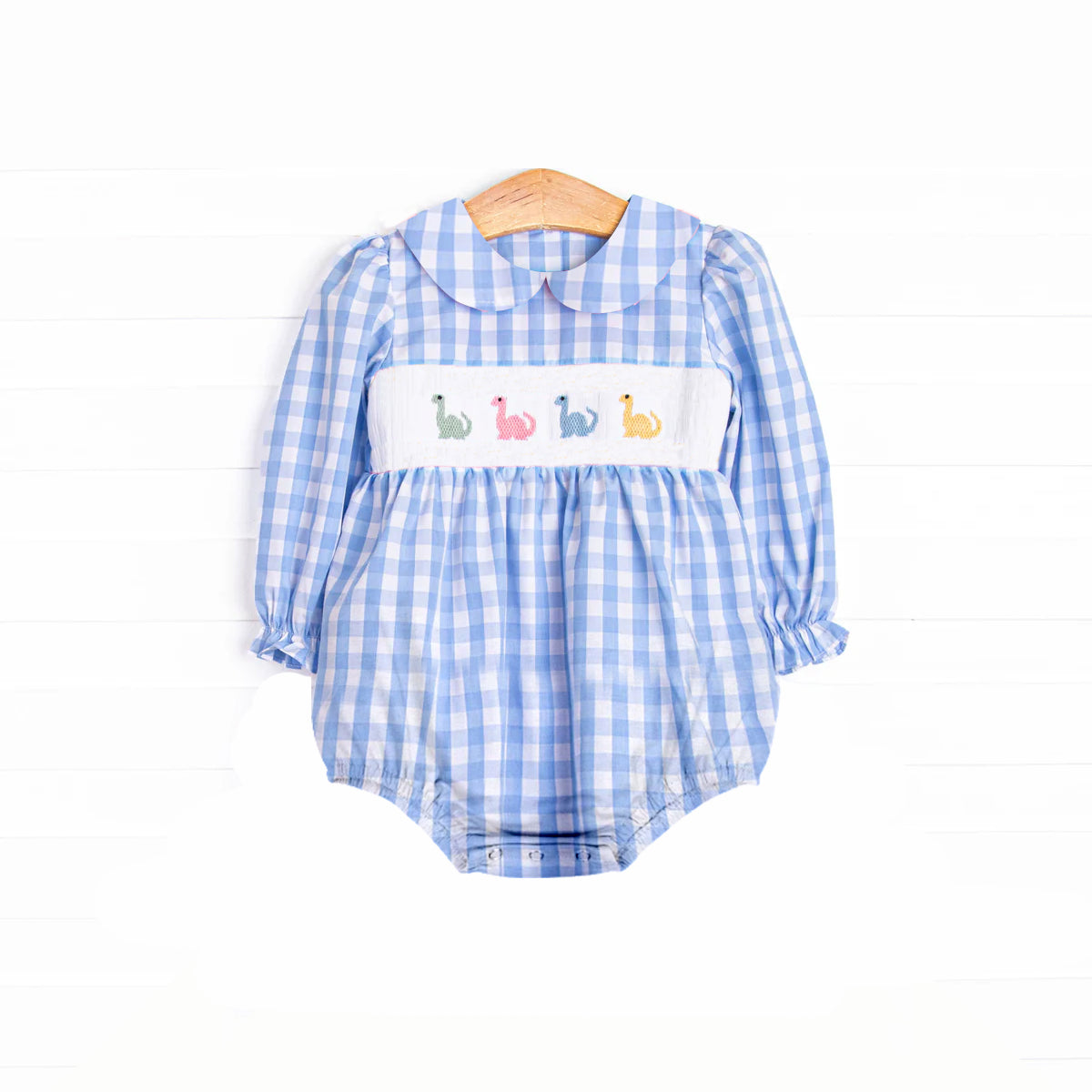 Toddle girls dinosaur smocked blue plaid romper preorder