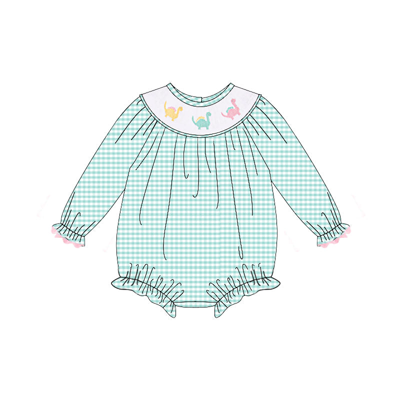 Toddle girls dinosaur smocked green plaid romper preorder