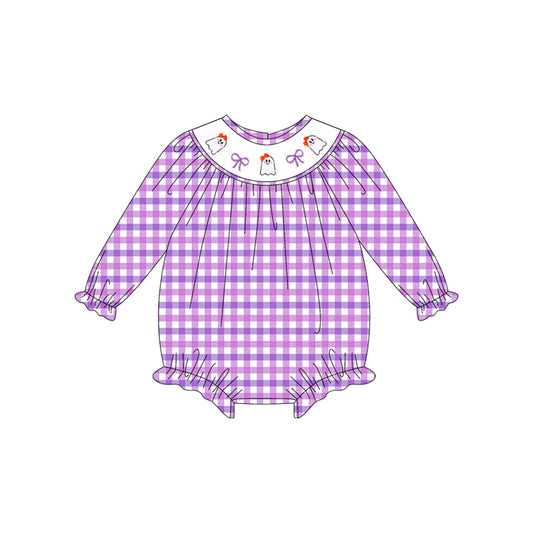Halloween ghost lavender plaid long sleeve romper preorder