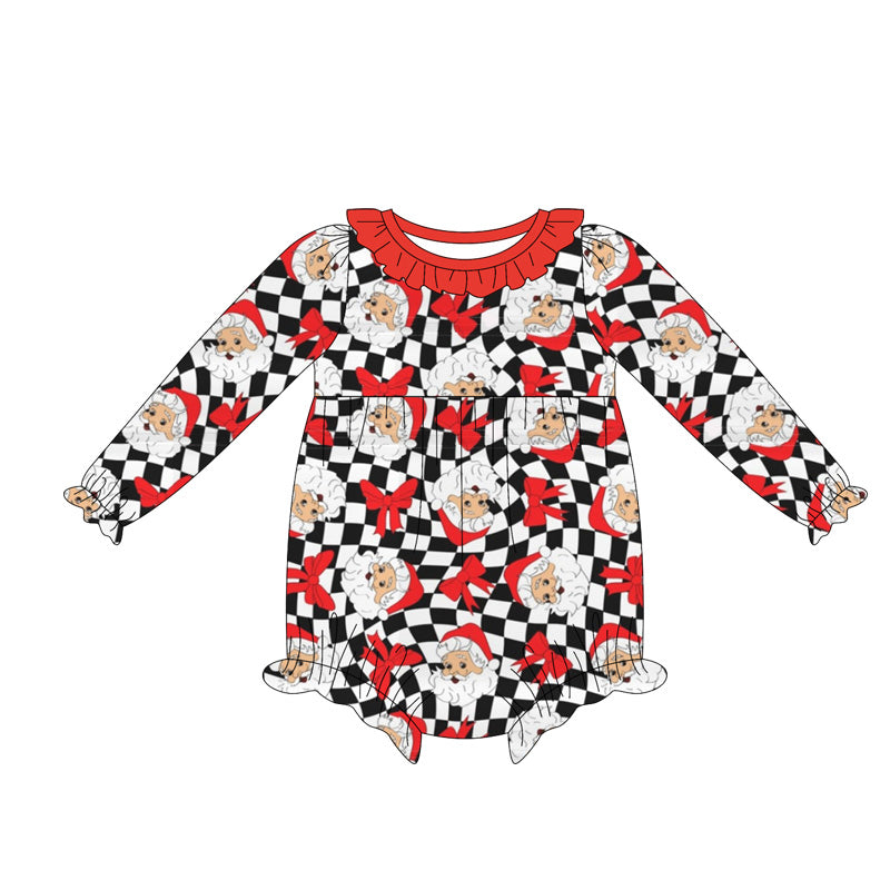 Christmas Santa black checkered red bow long sleeve romper preorder