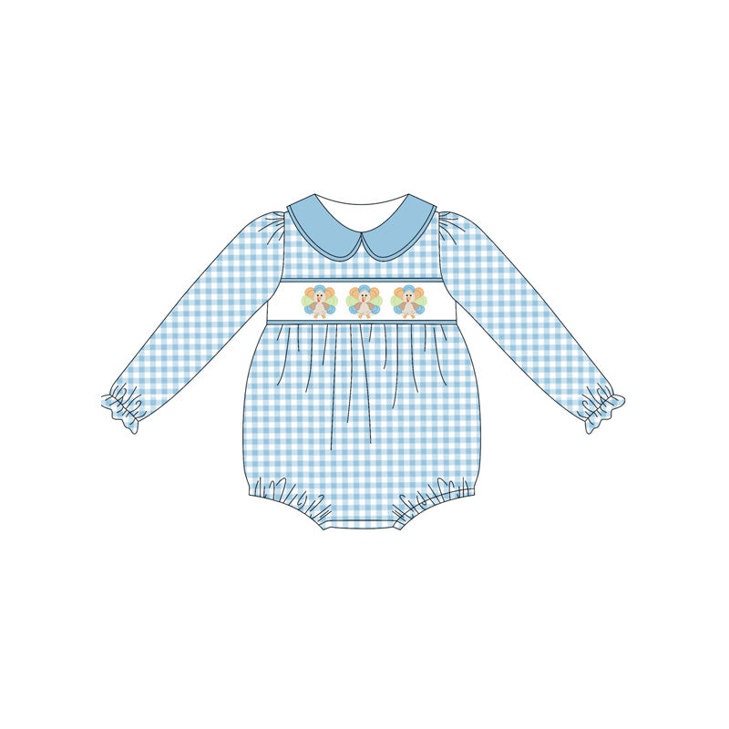 Toddle baby girls Thanksgiving turkey blue plaid romper preorder