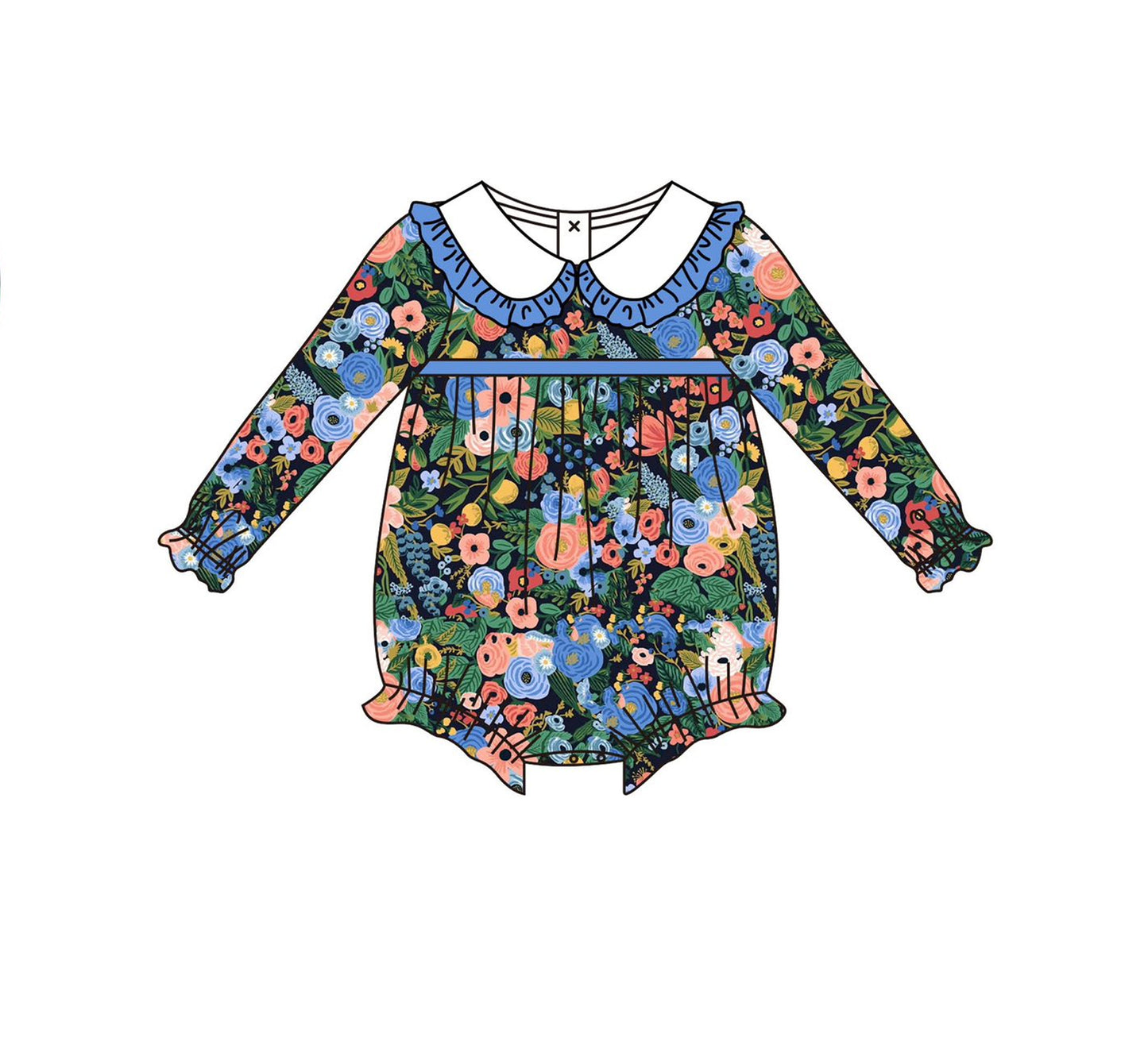 Toddle baby blue orange floral long sleeve romper preorder