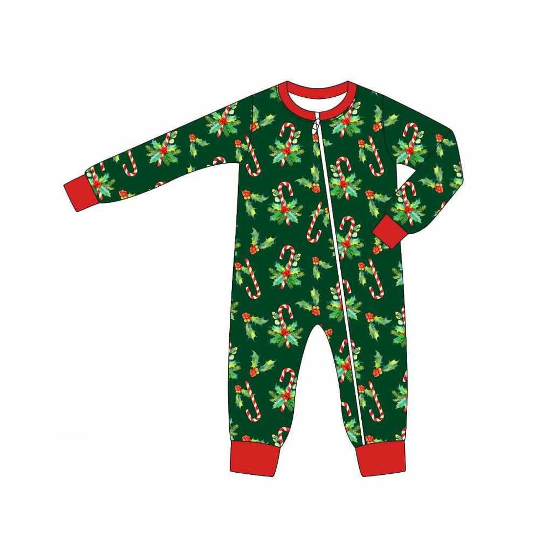 Toddle boy Christmas candy cane holly berry long sleeve romper preorder
