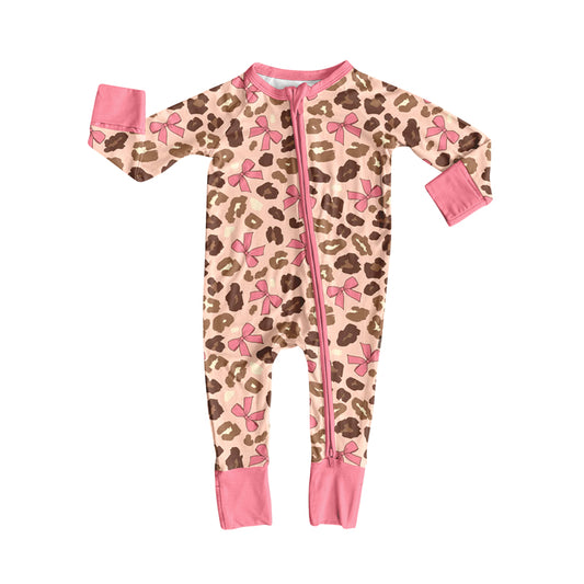 Toddle baby girl leopard pink bow long sleeve zip romper preorder