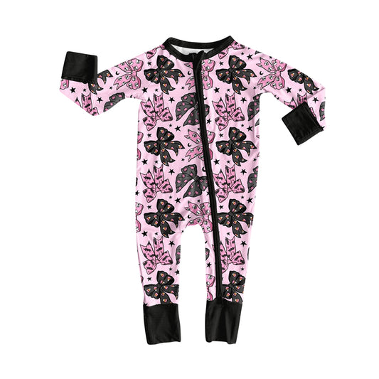 Pink black bow toddle girls long sleeve fall romper preorder
