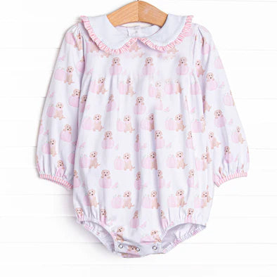 Pink pumpkin dog print toddle girls long sleeve fall romper preorder