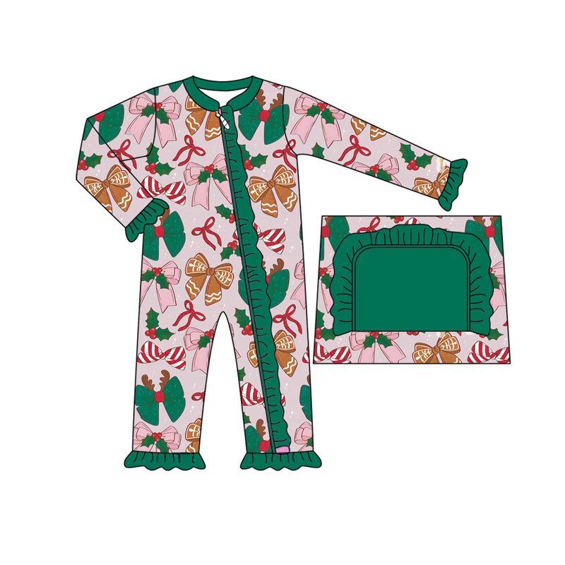 Christmas red green bow holly berry toddle girls long sleeve fall romper preorder