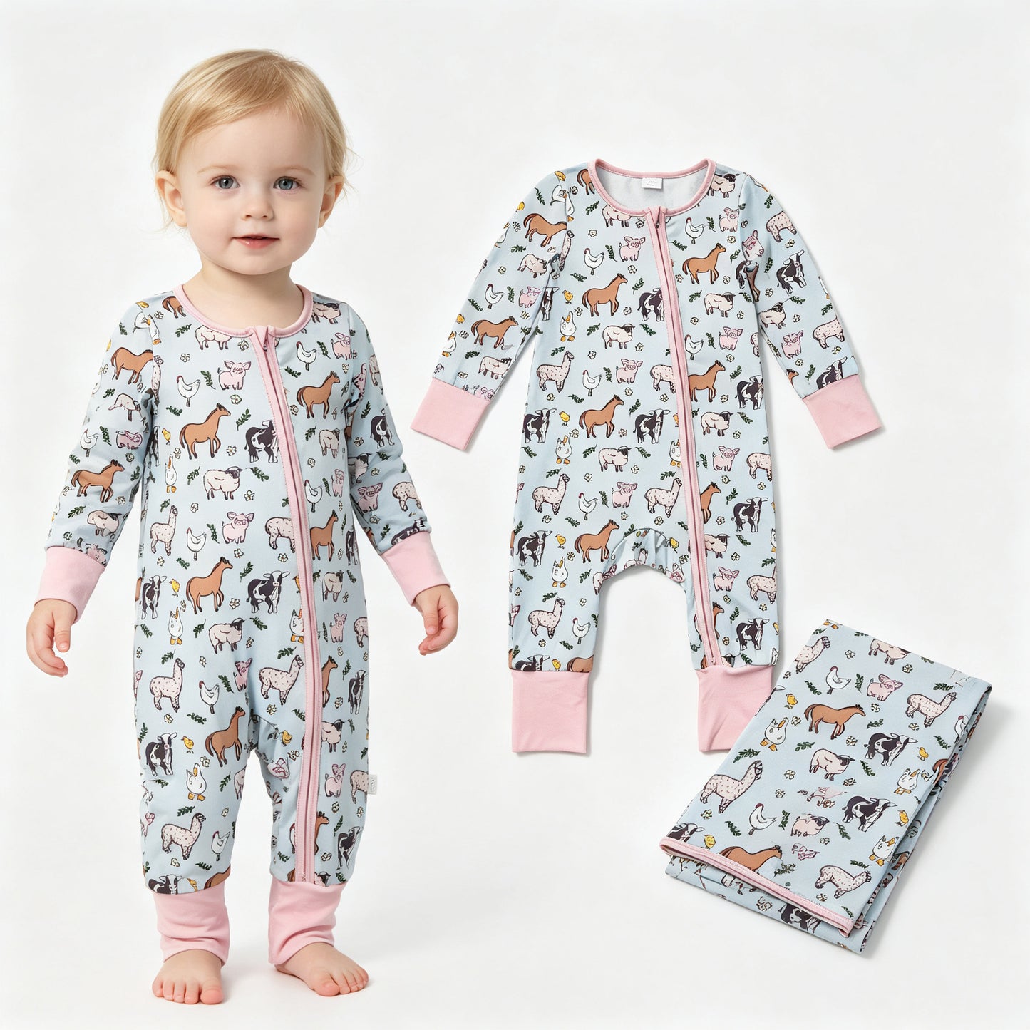 Farm animal infant girls long sleeve romper