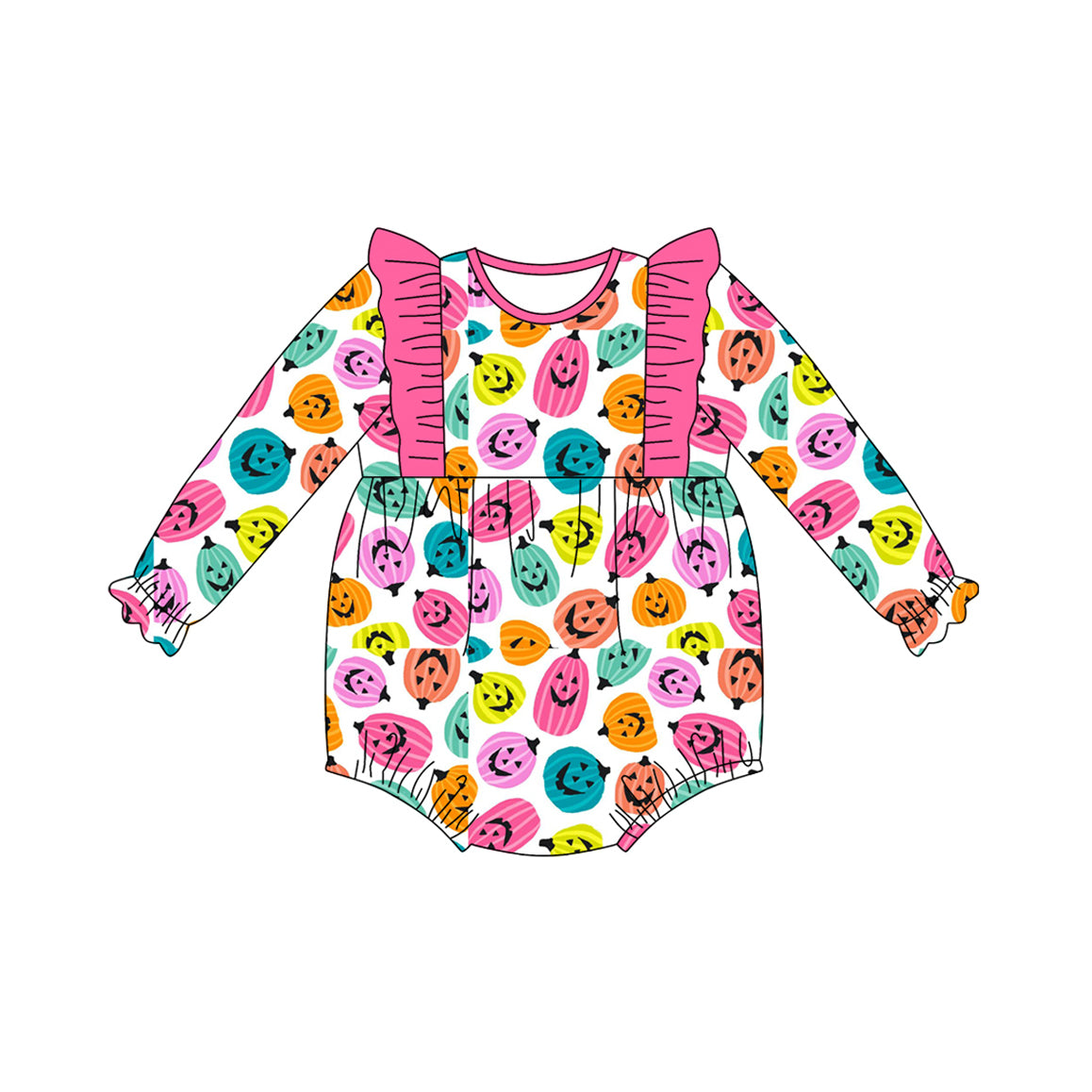 Colorful Halloween pumpkins girls long sleeve romper preorder