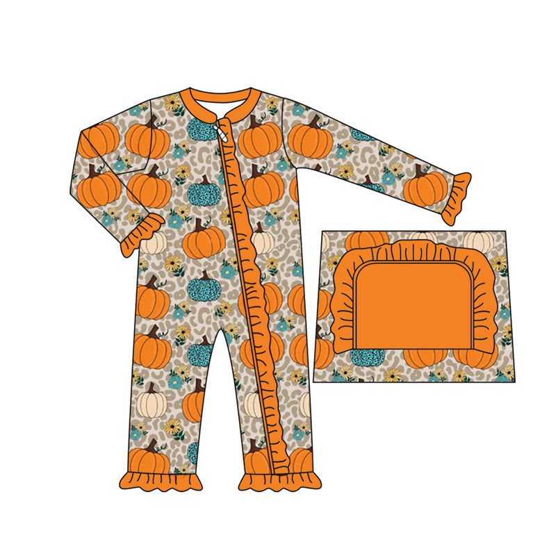 Cheetah print fall pumpkins infant baby long sleeve romper preorder