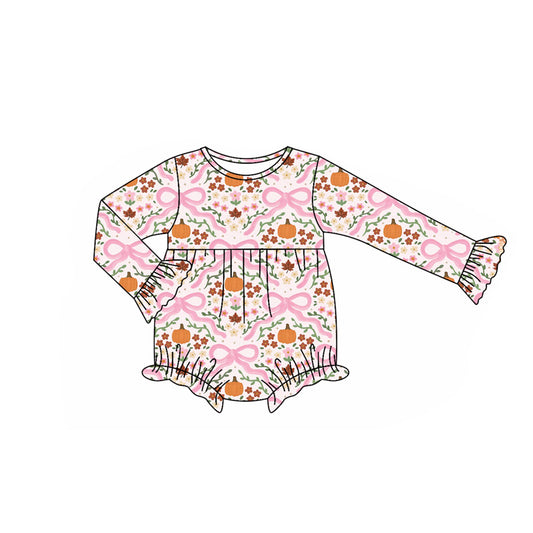 Floral pumpkins pink bow infant baby long sleeve romper preorder