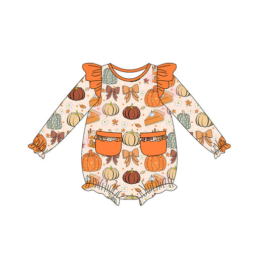 Fall pumpkin bow design kids long sleeve romper preorder