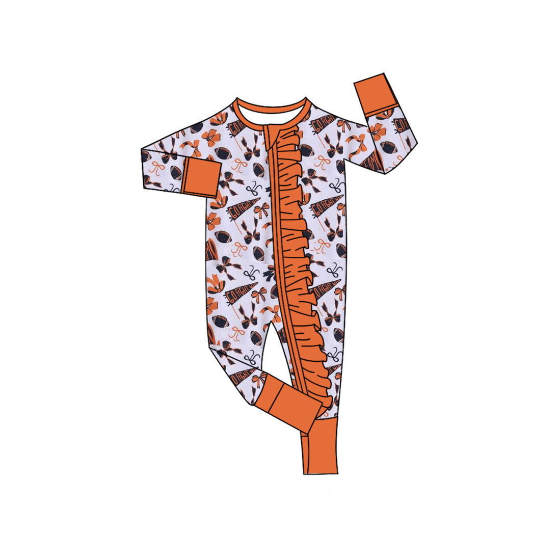 Orange bow football design girls long sleeve romper preorder