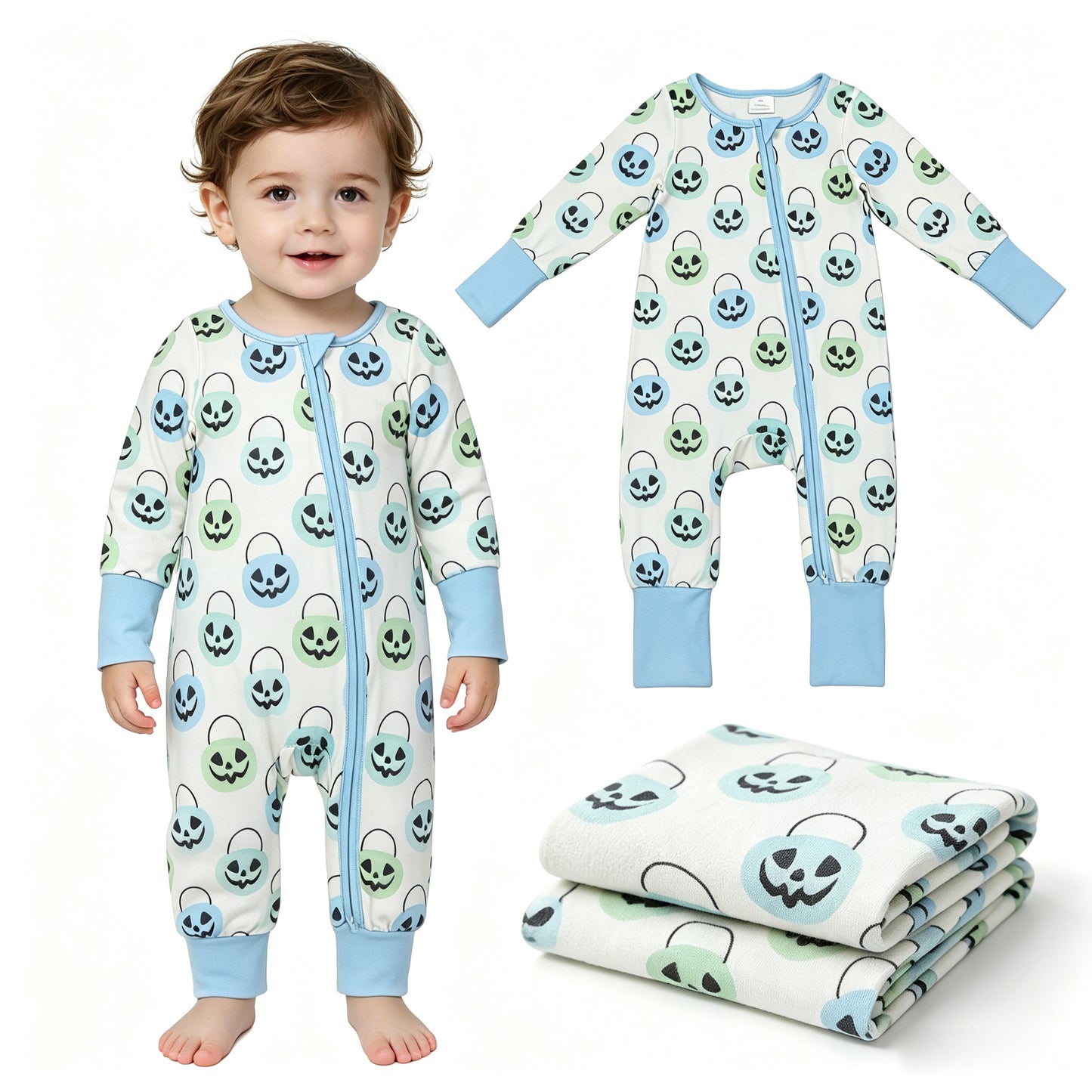 Toddle baby Halloween ghost pumpkin blue romper
