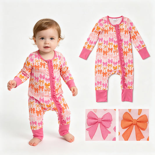 Pink orange bow toddle baby girl long sleeve zip romper