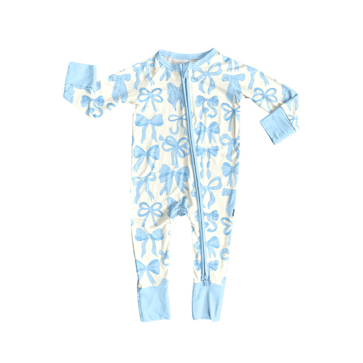 Blue bow design toddle boy zip romper preorder
