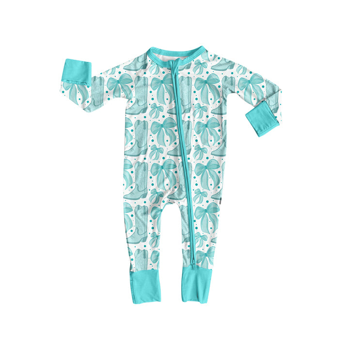Turquoise bow boots western design toddle romper preorder