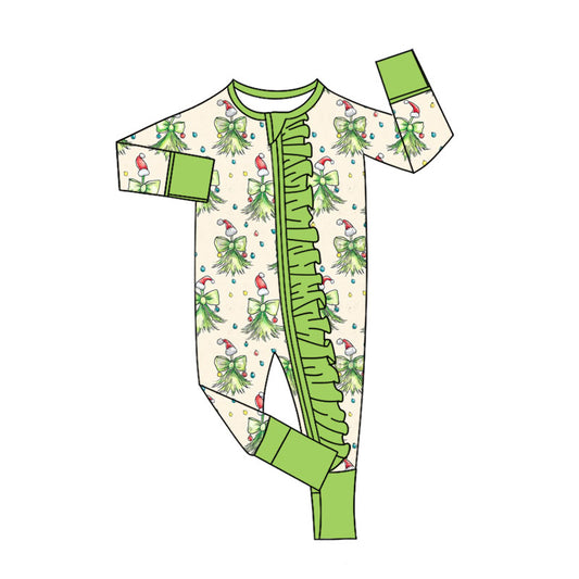 Christmas green face red bow toddle baby long sleeve embroidery zip romper