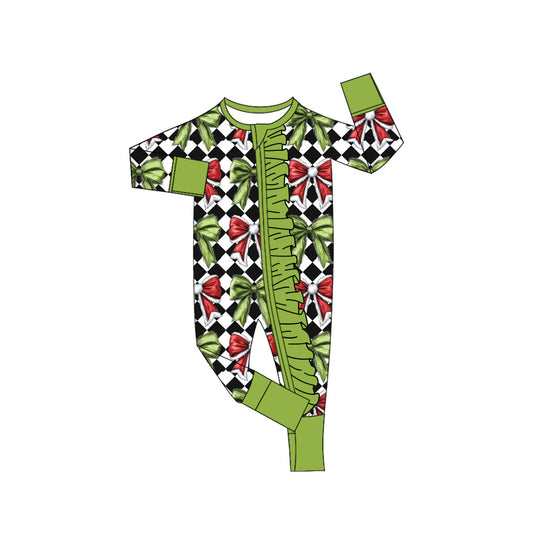 Christmas green face red bow toddle baby long sleeve embroidery zip romper