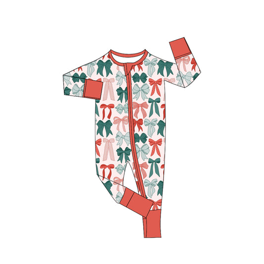 Christmas green face red bow toddle baby long sleeve embroidery zip romper