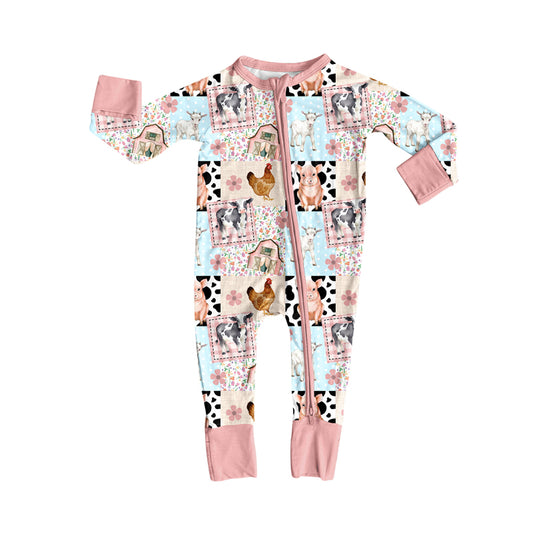 Farm animal floral design toddle baby long sleeve zip romper preorder