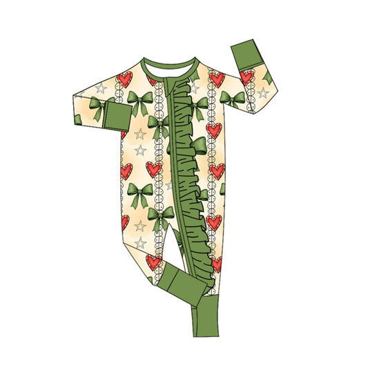 Christmas green face red bow toddle baby long sleeve embroidery zip romper