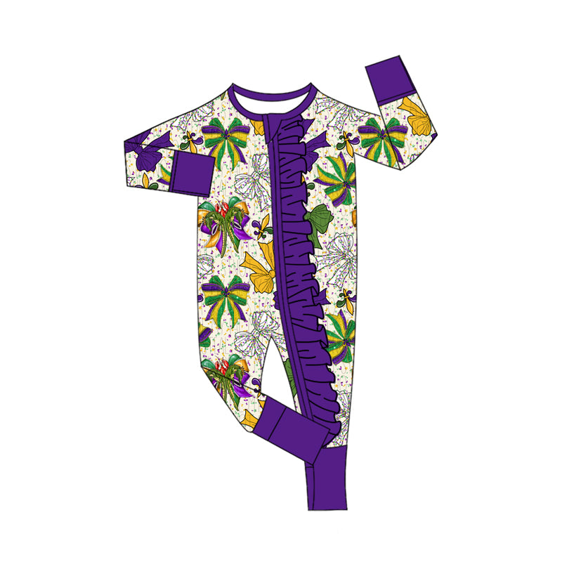 Mardi Gras bow toddle baby long sleeve romper preorder