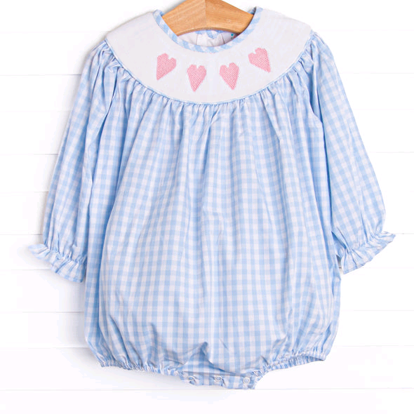 Valentines heart blue plaid toddle girls long sleeve romper preorder