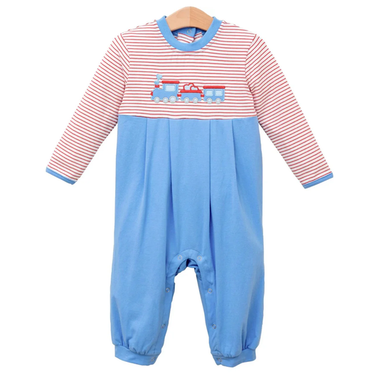 baby boy train design long sleeve romper preorder