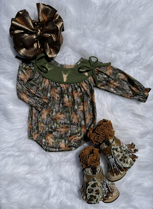 Deer hunting season toddle girls long sleeve romper preorder