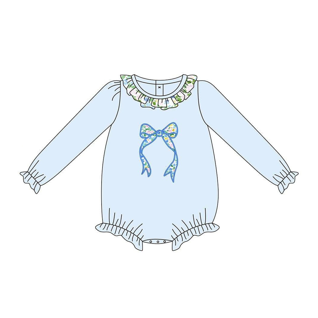 Floral bow girls long sleeve romper preorder